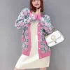 23G 핑크 격자 무늬 고급 스웨터 여성 긴 소매 디자이너 스웨터 여성 니트 카디건
