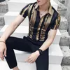 Mens Dress Shirts Gold Black Shirt 2021 Summer Short Sleeve Prom Party Stylish Slim For Men287P