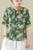 Kadın bluzları Çin tarzı stant yaka düğmesi üst gömlekler kısa kol moda yeşil çiçek baskılı bloues gevşek rahat