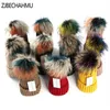 ZJBECHAHMU Hats Winter Real Fur Pompoms 15cm Hat Warm Skullies Beanies Hat Caps Women Girl Fashion Colorful Raccoon 2020 New1269s
