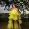 Robes décontractées jaune couches tulle femmes robe 2022 drapé haut bas été po tir robes fille bal fête personnalisé222b