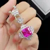 Women Red Corundum crystal zircon Diamond Jewelry Four Piece Set Princess Square Open Ring Pendant necklace Earring Studs Bracelet Girlfriend Party Birthday Gift