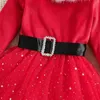 Платья для девочек, детское рождественское платье, костюм с веером, винно-красный, однотонный комплект из двух предметов с поясом