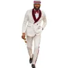 Groomsmen Ivory Pattern Groom Tuxedos Shawl Dark Red Velvet Lapel Men Suits 2 Pieces Wedding Jacket Pants Tie D209 Men'213S