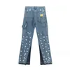 Nuovi jeans da uomo con lavaggio impiombato vintage e pantaloni maculati da donna High Street Pantaloni svasati casual micro sfilacciati