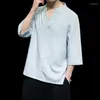 Camisas masculinas 2023 moda verão personalizado solto grande manga de três quartos t-shirt coreano metade chinoiserie wear
