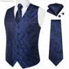 Coletes masculinos azul escuro paisley colete com decote em v para festa de negócios casamento moda 4 pcs cintura bolso quadrado abotoaduras conjunto de luxo tiel231014