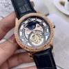 Three stitches series tourbillon automatic mechanical watch high quality Top brand leather strap Deluxe fashion moon Phase Hollow carving flower shell cover one