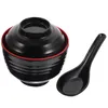 Dinnerware Sets Japanese Korean Miso Soup Bowl Container Black Rice Bowls Melamine Multi-function Tableware Set