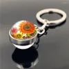 Porte-clés WG 1pc tournesol fleur cabochon porte-clés pendentif marguerite double face boule de verre porte-clés ornement bijoux accessoires
