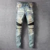 Jeans da uomo 2021 Vintage Punk Impiombato Uomini Cerniera Pieghettato Designer Per Motorcyle Blu Streetwear Pantaloni Indossati Pantaloni227J