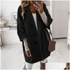 Mulheres misturas de lã mulheres misturas de lã mulheres casual outono inverno 3/4 manga bolsos botões casaco longo solto jaqueta vestuário feminino dhxsj