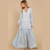 Casual Dresses Bohemian Chiffon Floral Dress Fashion Sexig Deep V Neck Long Sleeve Maxi Woman Blue Boho Shirt Beach Plus Size Skirt2819