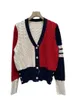 Tb College Style V-neck Womens Cardigan Cut Out and Color Blocked Fried Dough Twists Long Sleeve Striped Knitting Top Coat Fashion