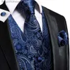 Hi-Tie 20 couleur soie hommes gilets cravate affaires robe formelle mince veste sans manches 4PC Hanky bouton de manchette bleu Paisley costume giletL231014