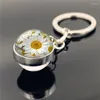 Porte-clés WG 1pc tournesol fleur cabochon porte-clés pendentif marguerite double face boule de verre porte-clés ornement bijoux accessoires