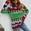 女性用セーターツリープリントプルオーバーセータークリスマスジオメトリパターン長袖のお祝いギフト女性レトロ服