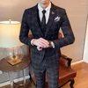 Men's Suits 2023 High Quality Handsome English Plaid Men (suit Vest Trousers) Korean Slim Suit Three-piece Business Casual Set