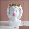 Vasos Estilo Nórdico Branco Resina Vaso Bonito Menina Soprando Bolhas Cabeça Decorativa Escultura Moderna Decoração de Casa Pen Holder Drop Delivery Dhjds