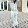 Survêtements pour hommes Automne Mode Chemise Costumes Pour Hommes Casual Deux Pièces Ensemble Homme Élégant Tendance Blanc Sexy Creux Top Et Pantalon 2pcs Tenues 2023