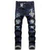 Jeans män märke rippar stretch lila mäns mode smal fit tvättade motocykel denim byxor panelerade hiphopbyxor flera stilar kwnrm