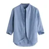 Herren T-Shirts Casual Stand Sommer Top Ärmel Button Shirt 7 Baumwolle Gestreift Punkte Kragen Bluse Mens234I