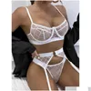 أخرى المنسوجات المنسدلة 3piece Plaid Lace Bra Set Womenwork Mesh Lingerie Landies Black Sexy Stey Indwer