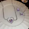 Halsbandörhängen Set Luxury Sweet Purple Crystal Heart Rhinestone Choker Earring for Women Creative Temperament Jewelry