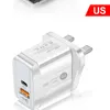 2 portar USB snabb snabb laddare laddning PD 18W Typ C +QC 3.0 EU/US/UK AC WALL 5V/3A 9V/2.4A 12V/1.8A för Huawei Mobiltelefon