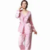 Conjunto de pantalones de pijama de seda de encaje para mujer, camisón de manga larga, traje de pantalón, ropa de casa de tres piezas para mujer 242S