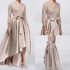 Elegant High Low Plus Size Mother of Bride Dresses with 3/4 Long Sleeves Lace Chiffon Sash 2023 Long Formal Evening Wear