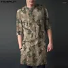 Etnische Kleding Mannen Moslim Shirt Afdrukken Stand Kraag Retro Lange Mouw Vintage Islamitische Arabische Kaftan 2023 Casual Mannelijke INCERUN