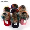 ZJBECHAHMU Hoeden Winter Echt Bont Pompons 15 cm Hoed Warm Skullies Mutsen Hoed Caps Vrouwen Meisje Mode Kleurrijke Wasbeer 2020 New1269s