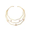 Choker Gorgeous Charming Hand Make Three Layers Pearl Women Real Gold Plated Open Size Fashion Boho Accessories Necklace
