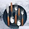 Dinnerware Sets Stainless Steel Cutlery Wooden Handle Dinner Fork Dessert Spoon Knife Coffee Teaspoon Fruit Forks Kitchen Tableware Dr Dhzw5