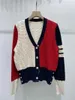 Tb College Style V-neck Womens Cardigan Cut Out and Color Blocked Fried Dough Twists Long Sleeve Striped Knitting Top Coat Fashion