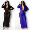 Casual Dresses Bkld Zipper Front Sexig V-ringad Kvinnor Mesh Sheer Long Sleeve BodyCon Party Night Clubwear Maxi Dress Ladies Sheath 20229i