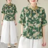 Women's Blouses Chinese Style Stand Collar Button Top Shirts Short Sleeve Fashion Green Flower Printed Bloues Loose Casual