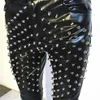 Black Pu Leather Pants Tide Rivet Slim Leather Trousers Bar Male Singer Rock Drum Dancer Stage Costume Nattklubb DJ Singer Punk DA200A