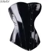 Sexy Black PVC Overbust Corset Steampunk Basque Lingerie Top - Goth Rock Corset Sexy Leather Waist Trainer Corset for women Y1119254a