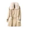 Женские пуховые парки, роскошная куртка из овечьей кожи, зимняя зимняя куртка с натуральным меховым воротником, толстое теплое белое пальто с завязками на талии, 231013