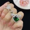 Ensemble de bijoux pour femmes, Imitation émeraude Tourmaline cristal zircon diamant nœud papillon princesse carré anneau ouvert pendentif collier boucles d'oreilles goujons cadeau de fête