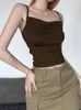 Kvinnotankar ärmlös brun remmar vikar sommarskörd topp kvinnor rygglöst retro grundläggande sexig mini camisole smala koreanska festkläder