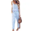 Summer Work Office Jumpsuits Light Dark Blue Jeans Sleeveless Long Trousers Pants Casual Loose Jumpsuit165T