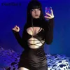 Goth escuro y2k punk vestidos de veludo preto e camsi 2 peças conjunto casual gótico sexy corte vestido de manga longa amarrar conjunto cortado co-ord g280y