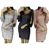 Vestidos casuales Mujeres Longitud de la rodilla Vestido de fiesta Borla de oro Mujer Bodycon Manga larga Seda brillante Vestidos brillantes 1199H