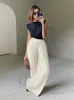 Women's Pants Capris Mnealways18 Beige Pleated Wide Leg Pants Womens Pants Fashion Casual Loose Trousers Office Lady Elegant Long Palazzo Pants 231013