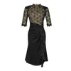 Basic Casual Dresses New Women's Retro Style Midi Dress for Women Black Sheer Lace Spliced Satin Ruffled Split Robe Femme Party Prom Vestidos 2024