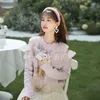 Kvinnors stickor Purple Off Shoulder Pullover Tröja Design Sense 2023 Autumn/Winter Hollow Out Sticked Top Female Clothing