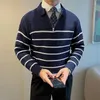 Men's Sweaters Fashion Striped Sweater Spring Autumn Zip Turn Down Collar Knit Pullovers Business Man Long Sleeve Jumper Streetwear Polos